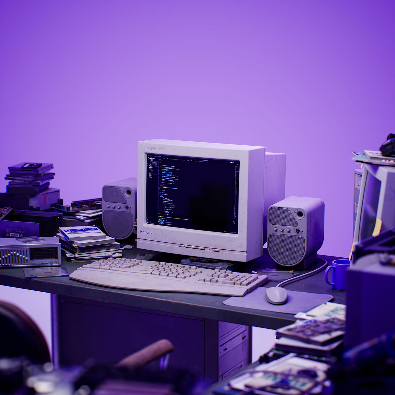 Im Bild sieht man einen alten Computer aus den späten 90er Jahren zwischen verschiedenen Utensilien aus dem Bereich der Software-Entwicklung.