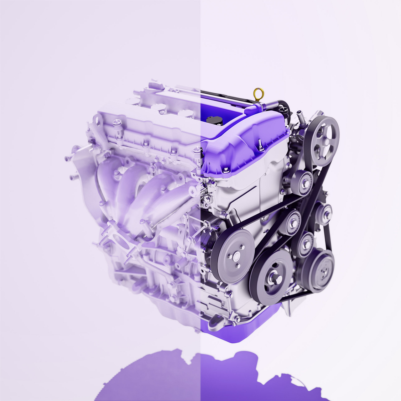 Im Bild sieht man ein 3D Modell von einem Motor in verschiedenen Abstraktionsstufen in Anlehnung an einen Digitalen Zwilling.